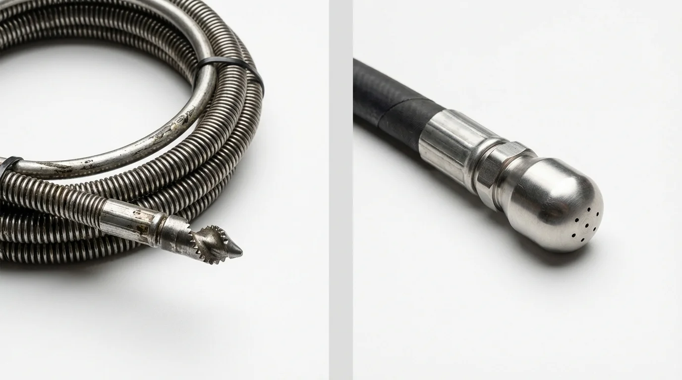 Drain snake cable and hydro jetting nozzle used for drain cleaning in Oceanside, CA